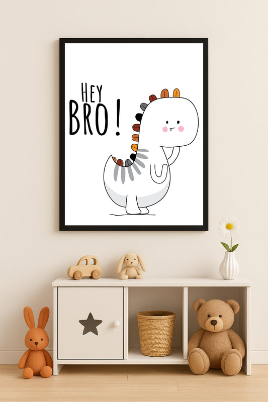“Hey Bro Dino Wall Frame – Playful Dinosaur Art for Kids’ Room 🦖🧡”