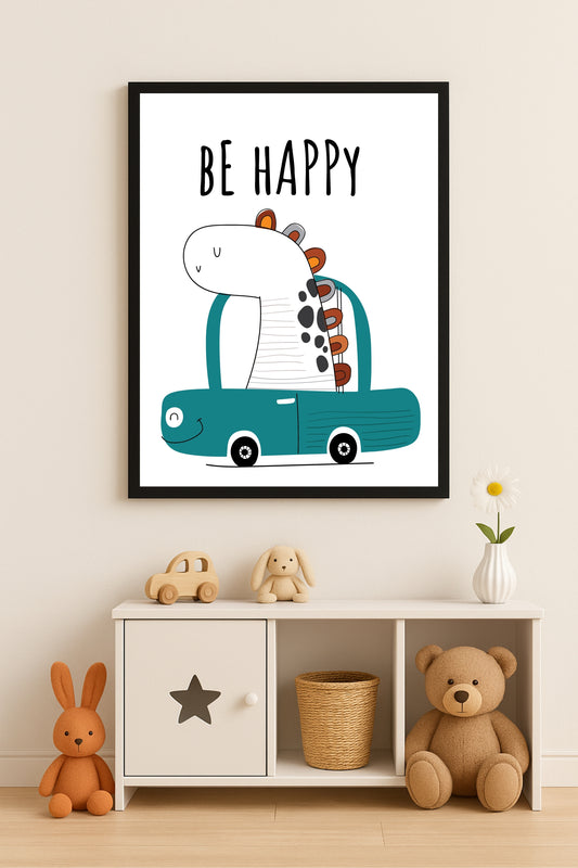 Be Happy Wall Frame – Cheerful Dinosaur Art for Kids’ Room Décor 🦖💙