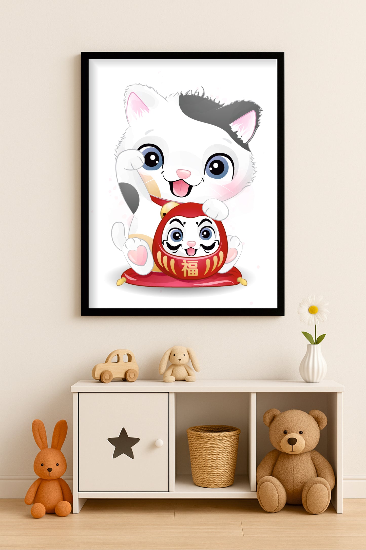 Lucky Kitty Wall Frame – Cute Maneki Cat Art for Kids’ Room & Home Décor 🐱❤️