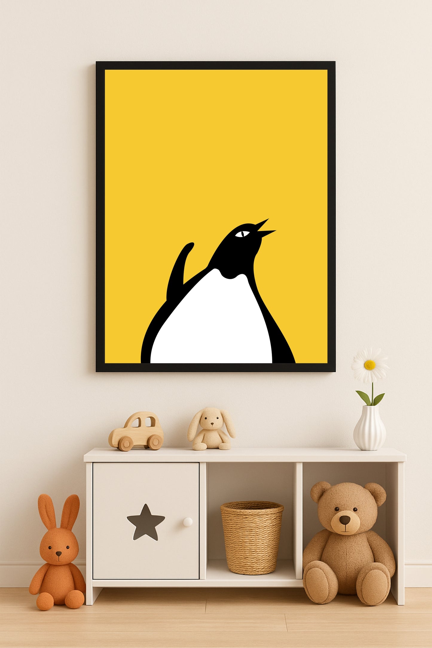 Playful Penguin Wall Frame – Cute Animal Art for Kids’ Room Décor 🐧💛