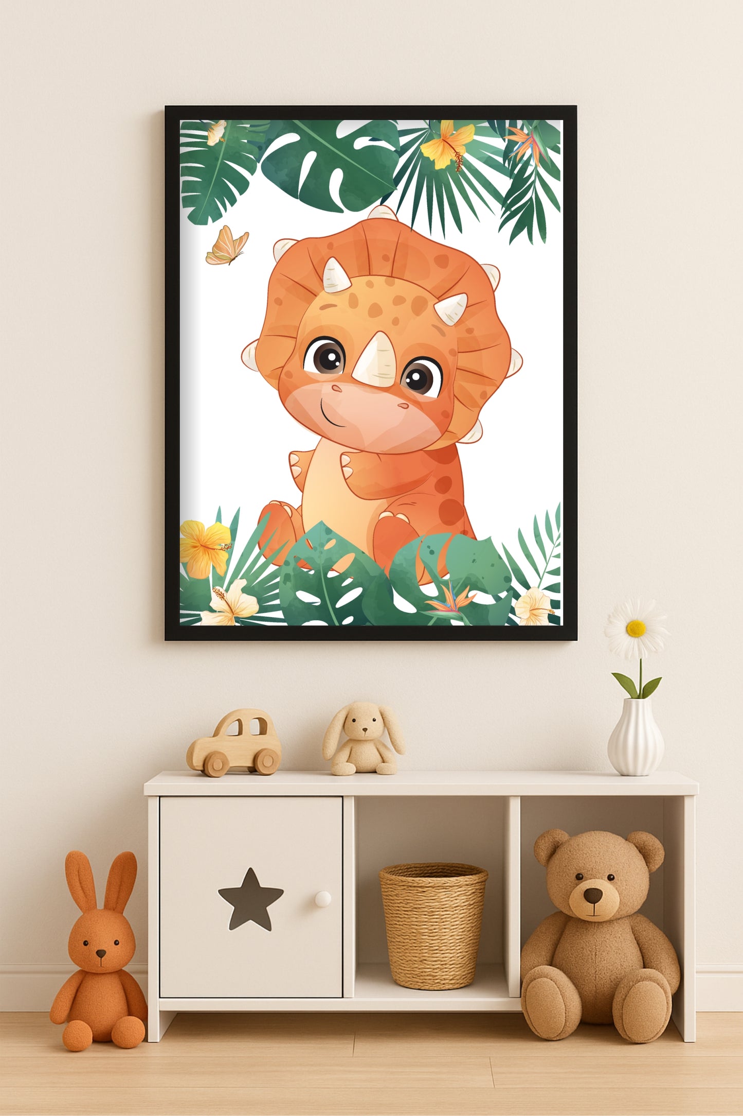 Sunny Dino Wall Frame – Cute Dinosaur Art for Kids’ Room Décor 🦖🌼