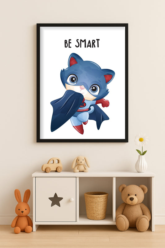 Be Smart Super Cat Wall Frame – Fun Motivational Art for Kids’ Room 🐱🦸♂️✨