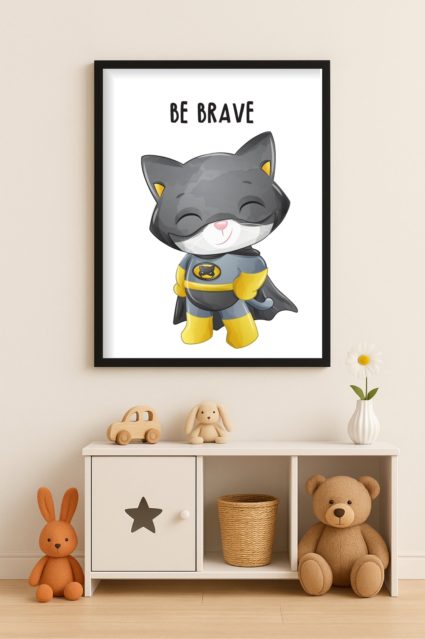 Be Brave Super Cat Wall Frame – Motivational Kids’ Room Art 🐱🦸♂️✨