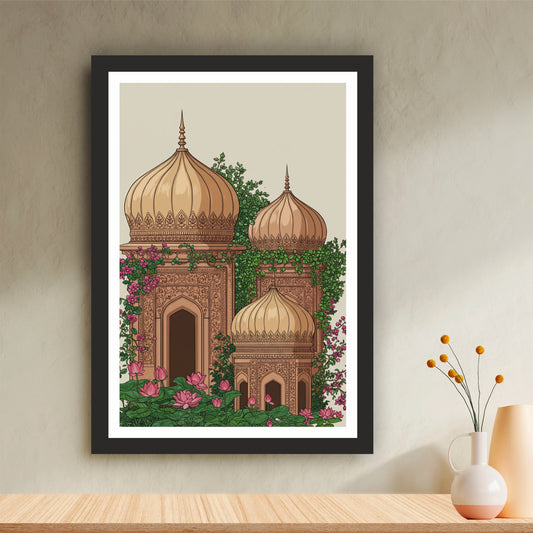 Mughal Architecture Wall Art | Royal Palace Dome Illustration | Traditional Indian Heritage Artwork | Vintage Floral Architectural Decor