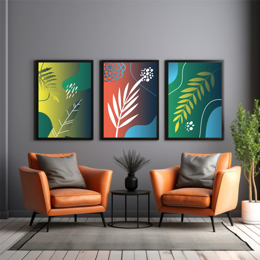 Abstract Botanical Leaf Wall Art Set of 3 – Modern Green & Yellow Nature Prints