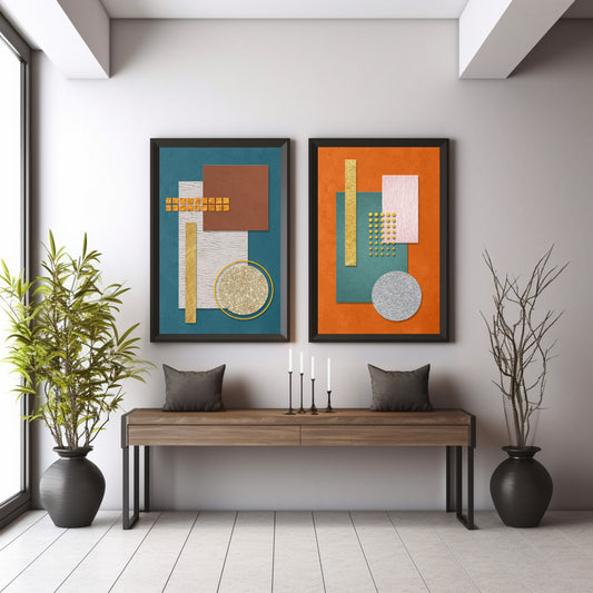 Modern Geometric Wall Art Set of 2 | Teal & Terracotta Abstract Prints