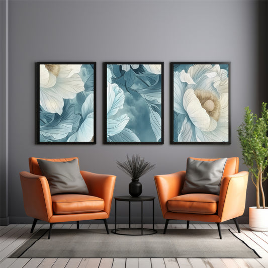 Abstract Blue Floral Wall Art Set of 3 – Elegant Botanical Flower Prints