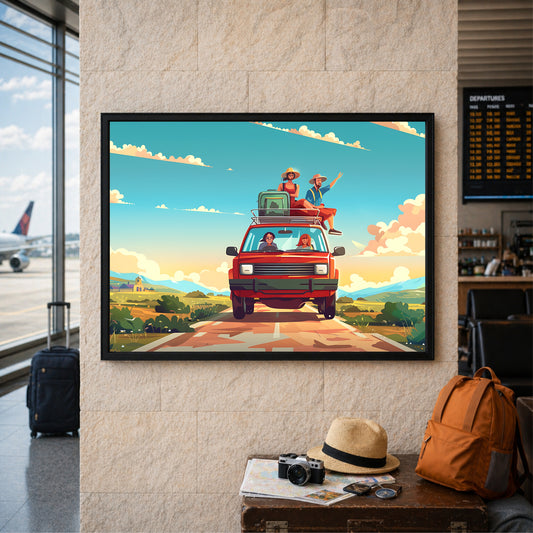 Road Trip Adventure Wall Art | Family Travel Car Canvas | Scenic Vacation Illustration Poster