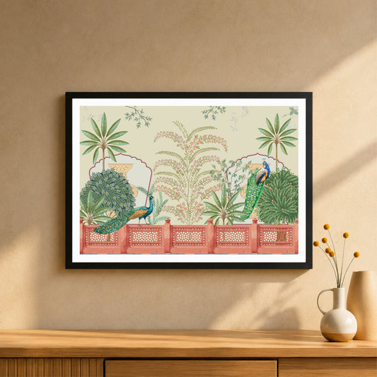 Mughal Garden Wall Art | Peacock Botanical Illustration | Traditional Indian Heritage Artwork | Royal Palace Garden Decor