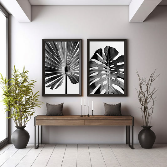 Black & White Tropical Leaf Wall Art Set of 2 | Monstera Botanical Prints | Modern Minimalist Nature Decor