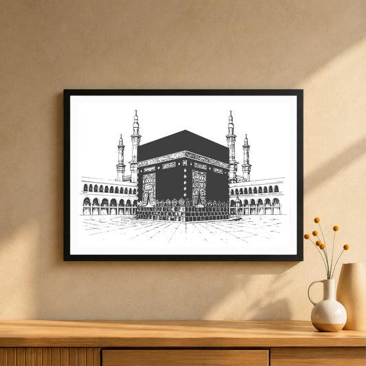 Kaaba Line Art Wall Art | Islamic Black & White Illustration | Mecca Sacred Mosque Artwork | Minimalist Muslim Home Decor