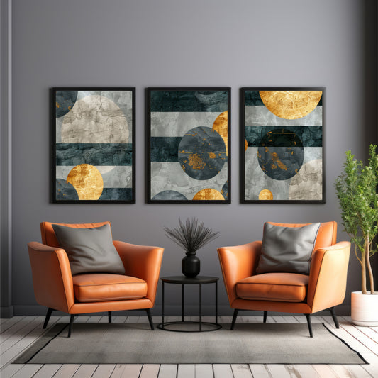 Luxury Abstract Wall Art Set of 3 | Gold & Charcoal Geometric Prints