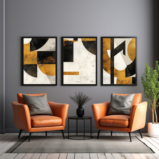 Luxury Modern Abstract Wall Art Set of 3 | Gold, Black & White Geometric Prints