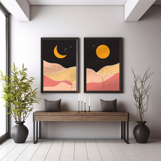 Mid Century Modern Abstract Wall Art Set of 2 | Celestial Sun Moon & Ginkgo Botanical Prints | Warm Boho Home Decor