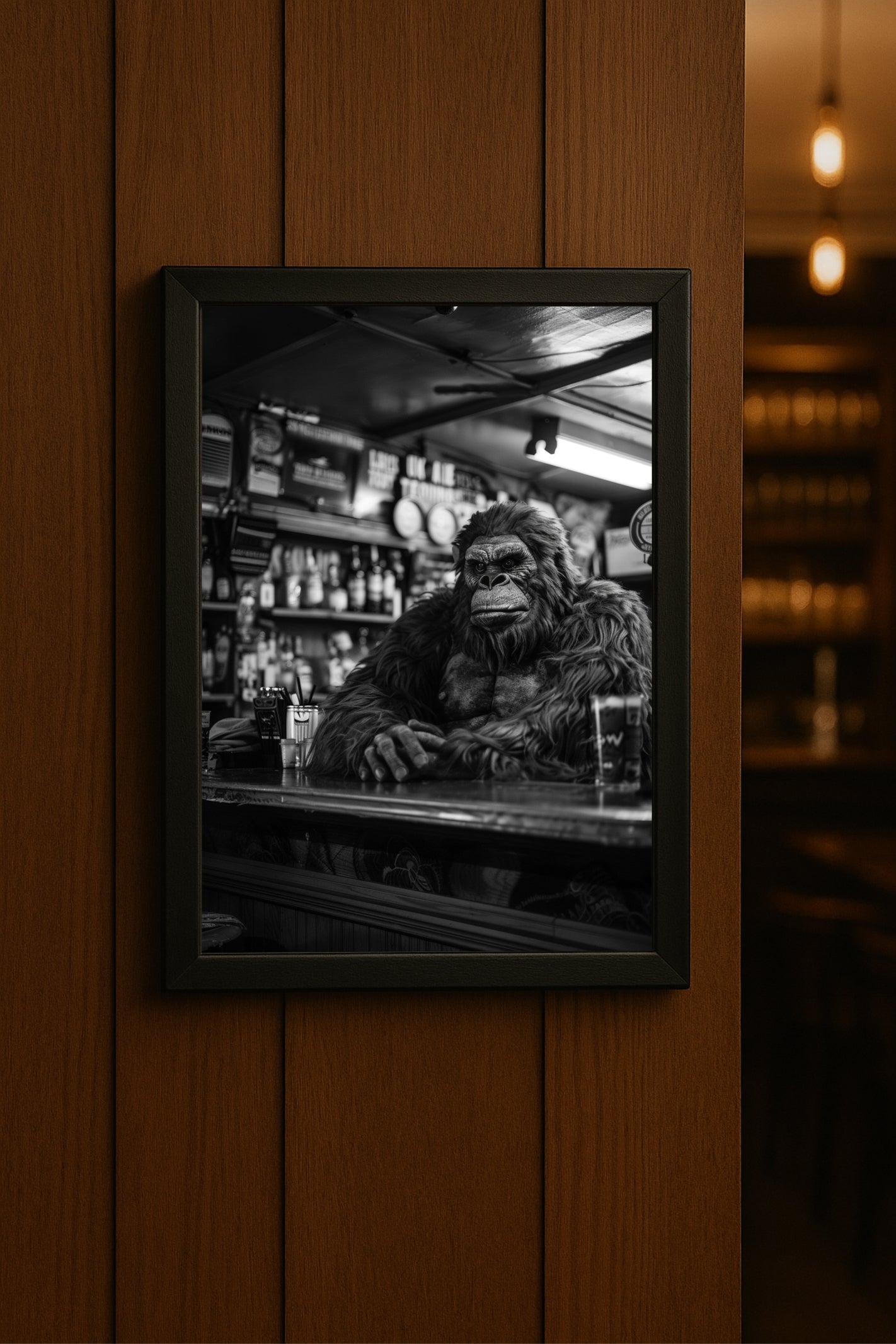 “The Lone Beast at the Bar – Vintage Monochrome Art” 🦍🍺
