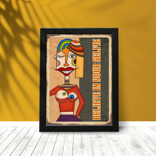 “Believe in Your Selfie” Wall Frame – Quirky Pop Art with a Confidence Boost 💋🎨