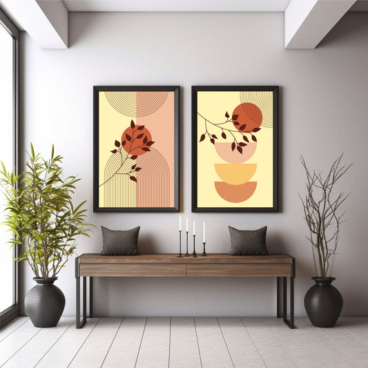 Mid Century Modern Abstract Botanical Wall Art Set of 2 | Terracotta Sun & Leaf Prints | Geometric Boho Home Decor