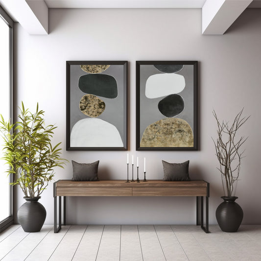 Abstract Neutral Wall Art Set of 2 | Black White & Gold Organic Shapes Prints | Modern Minimalist Geometric Decor
