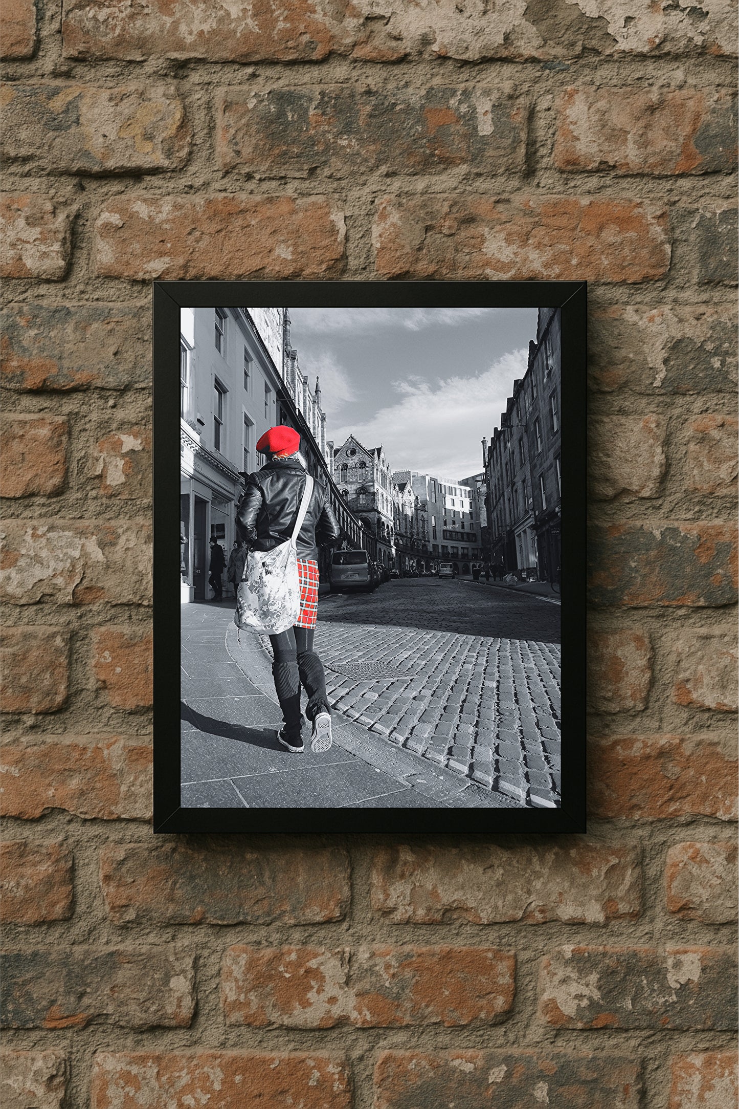 “Red Accent Walk – Urban Contrast Frame” ❤️🖤