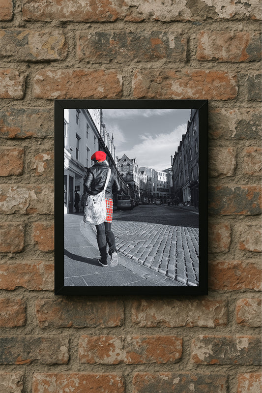 “Red Accent Walk – Urban Contrast Frame” ❤️🖤