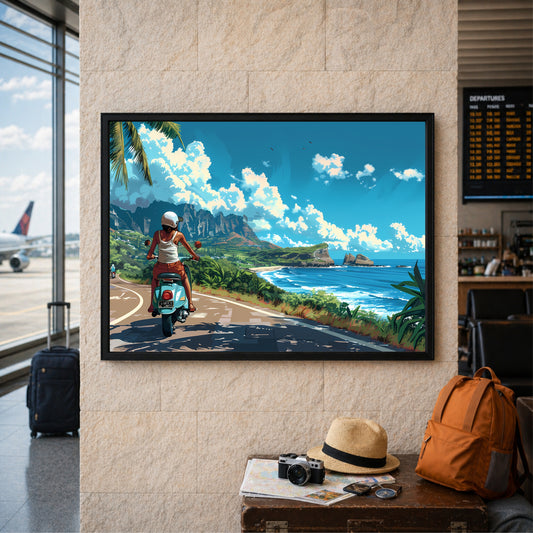 Coastal Scooter Ride Wall Art | Tropical Beach Road Canvas | Scenic Travel Landscape Poster
