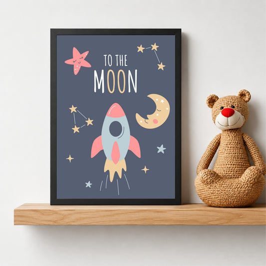 To the Moon Rocket Wall Art | Cute Space Adventure Nursery Print