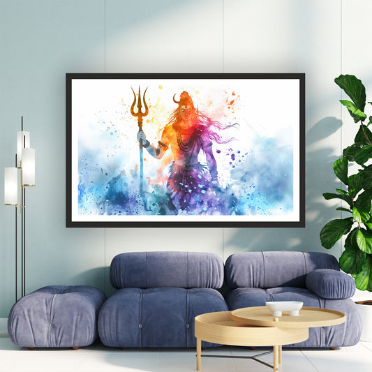Lord Shiva Abstract Watercolor Wall Art | Mahadev with Trishul | Modern Hindu Spiritual Painting | Premium Religious HD Wall Frame