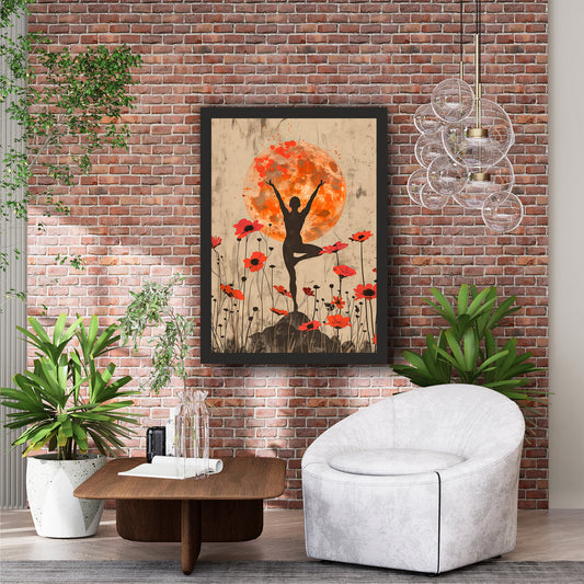 Yoga Silhouette Wall Art | Orange Moon & Red Floral Artwork