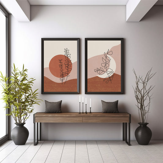 Abstract Botanical Wall Art Set of 2 | Minimalist Line Leaf Prints | Terracotta & Blush Modern Boho Decor