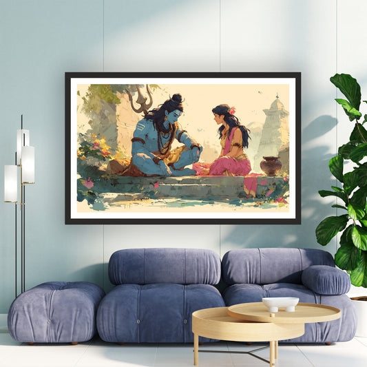 Shiva Parvati Wall Art | Divine Shiva Parvati Watercolor Painting | Mahadev & Maa Parvati Hindu Spiritual Artwork | Premium HD Religious Wall Frame
