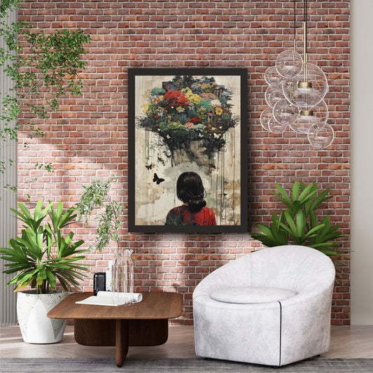Blooming Forest Wall Art | Woman Looking at Magical Garden Artwork
