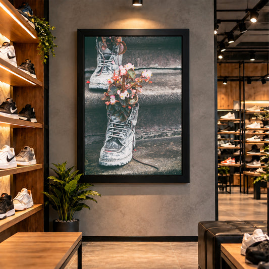 Floral Boots Wall Art | Vintage Boots with Flowers Artwork | Rustic Floral Photography | Nature & Fashion Wall Decor