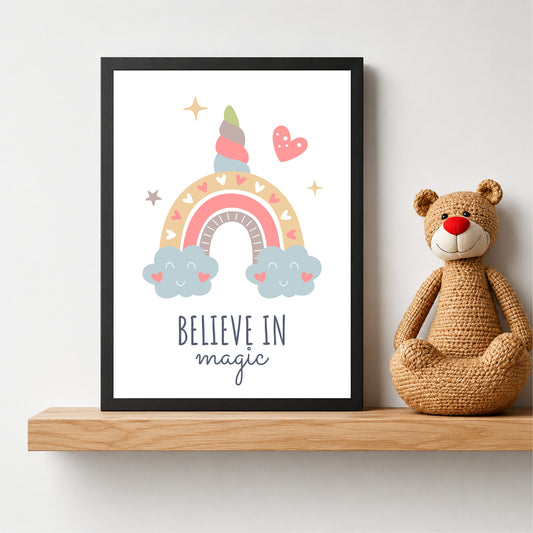Believe in Magic Rainbow Wall Art | Cute Unicorn Nursery Print