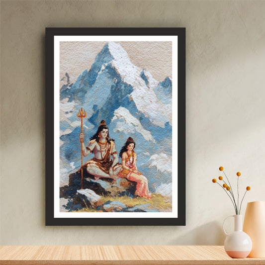 Shiva Parvati Wall Art | Kailash Mountain Divine Couple Painting | Mahadev & Maa Parvati Himalayan Artwork | Premium HD Hindu Religious Wall Frame