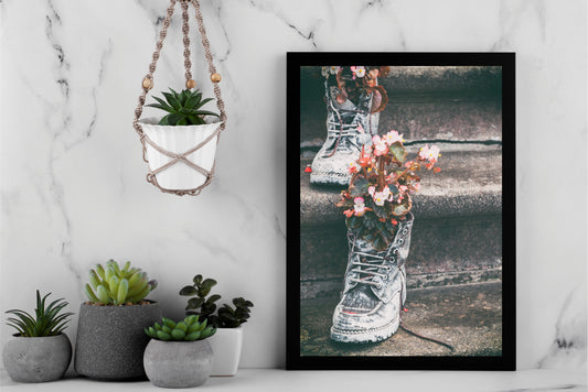 “Blooming Steps – Rustic Floral Boots Art Frame” 🌸🥾✨