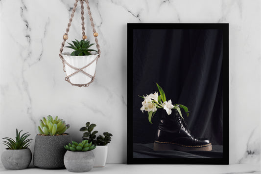 “Midnight Bloom – Black Boot Floral Art Frame” 🥾🌼🖤
