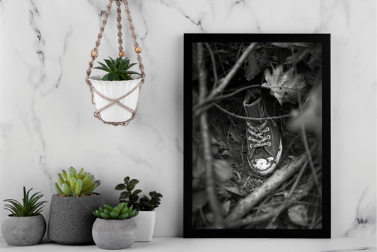“Forgotten Trails – Lost Sneaker Art Frame” 🌲🥾🖤