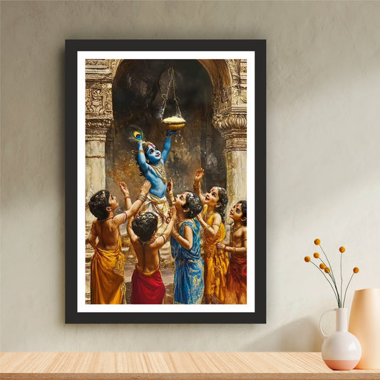 Bal Krishna Makhan Chor Wall Art | Little Krishna Butter Thief Painting | Hindu Religious Wall Decor | Premium HD Framed Artwork