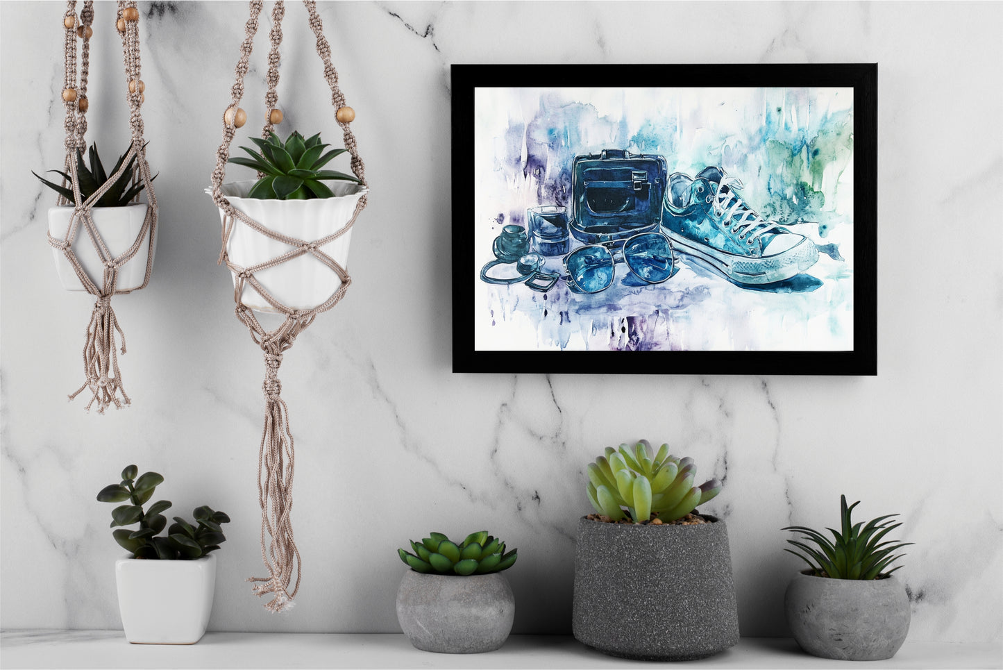 “Blue Wanderer – Watercolor Travel Sneaker Art Frame” 🎨👟💙