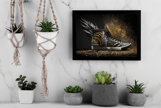 “Golden Fury – Black Winged Sneaker Art Frame” 🖤🪽✨
