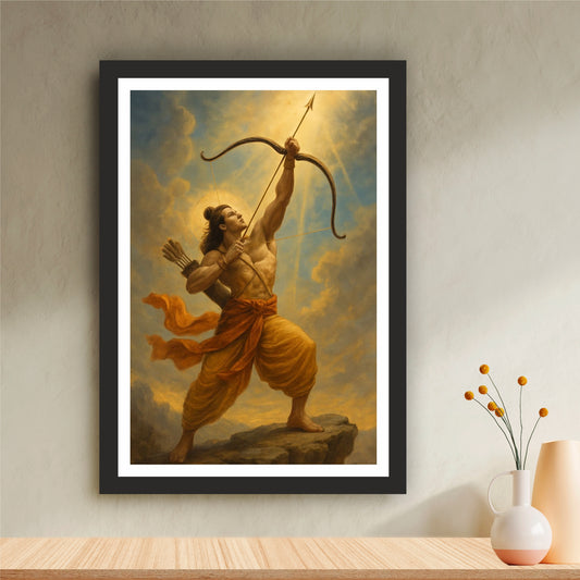 Lord Rama Wall Art | Shri Ram with Bow & Arrow Painting | Hindu Religious Wall Decor | Premium HD Framed Artwork