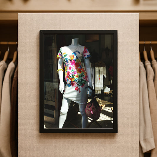 “Tropical Glow – Floral Mannequin Art Frame” 🌺✨🛍️