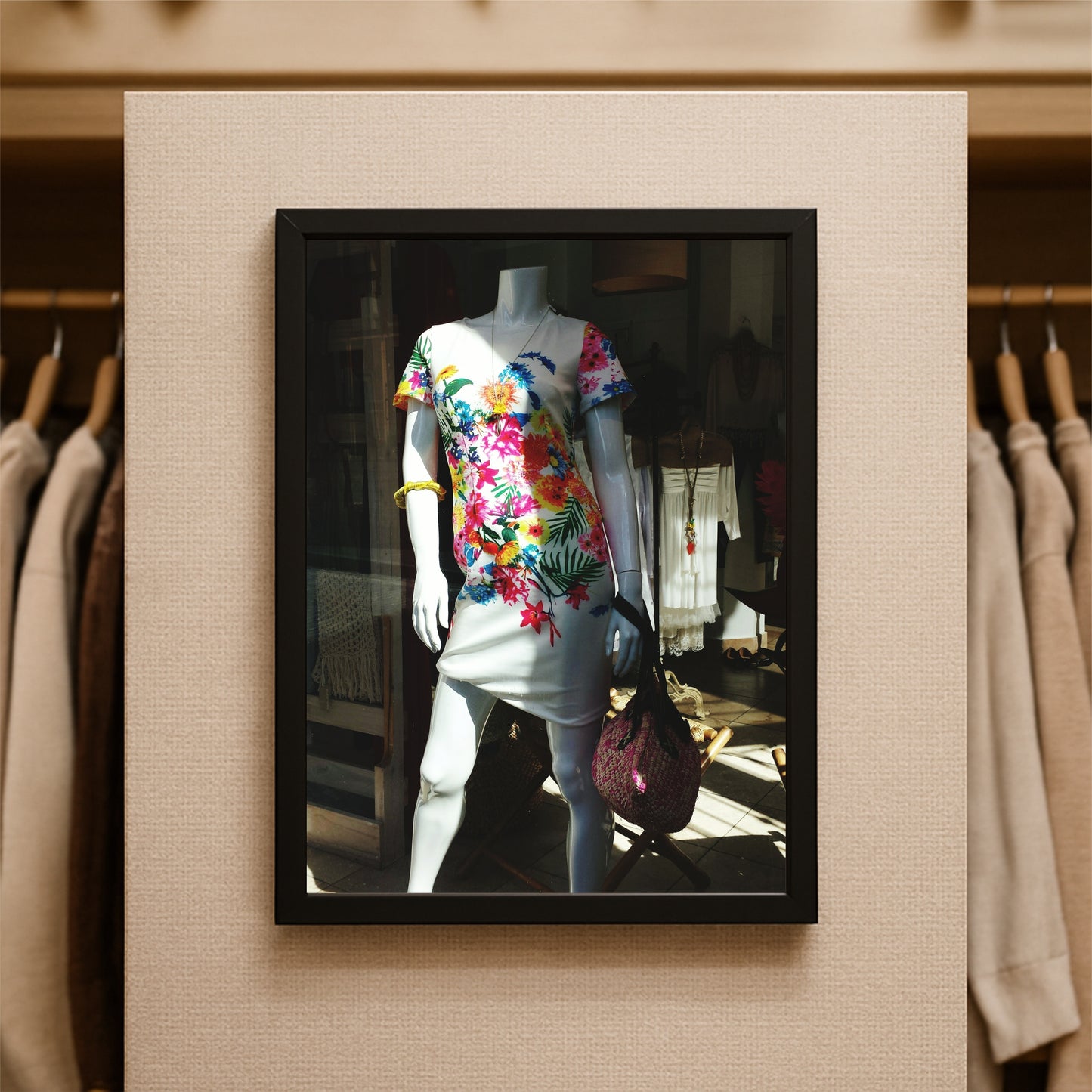 “Tropical Glow – Floral Mannequin Art Frame” 🌺✨🛍️