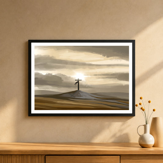 Good Friday Cross Wall Art | Christian Cross on Calvary Canvas Print | Sunrise Faith Artwork | Easter Religious Wall Decor
