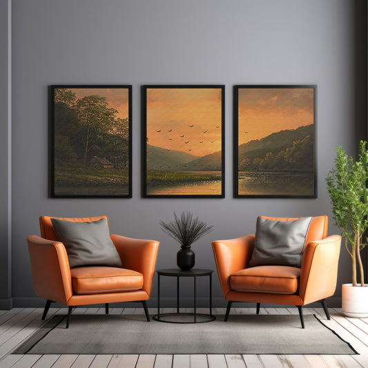 Vintage Sunset Lake Landscape Wall Art Set of 3 – Mountain Forest Scenic Nature Poster Prints