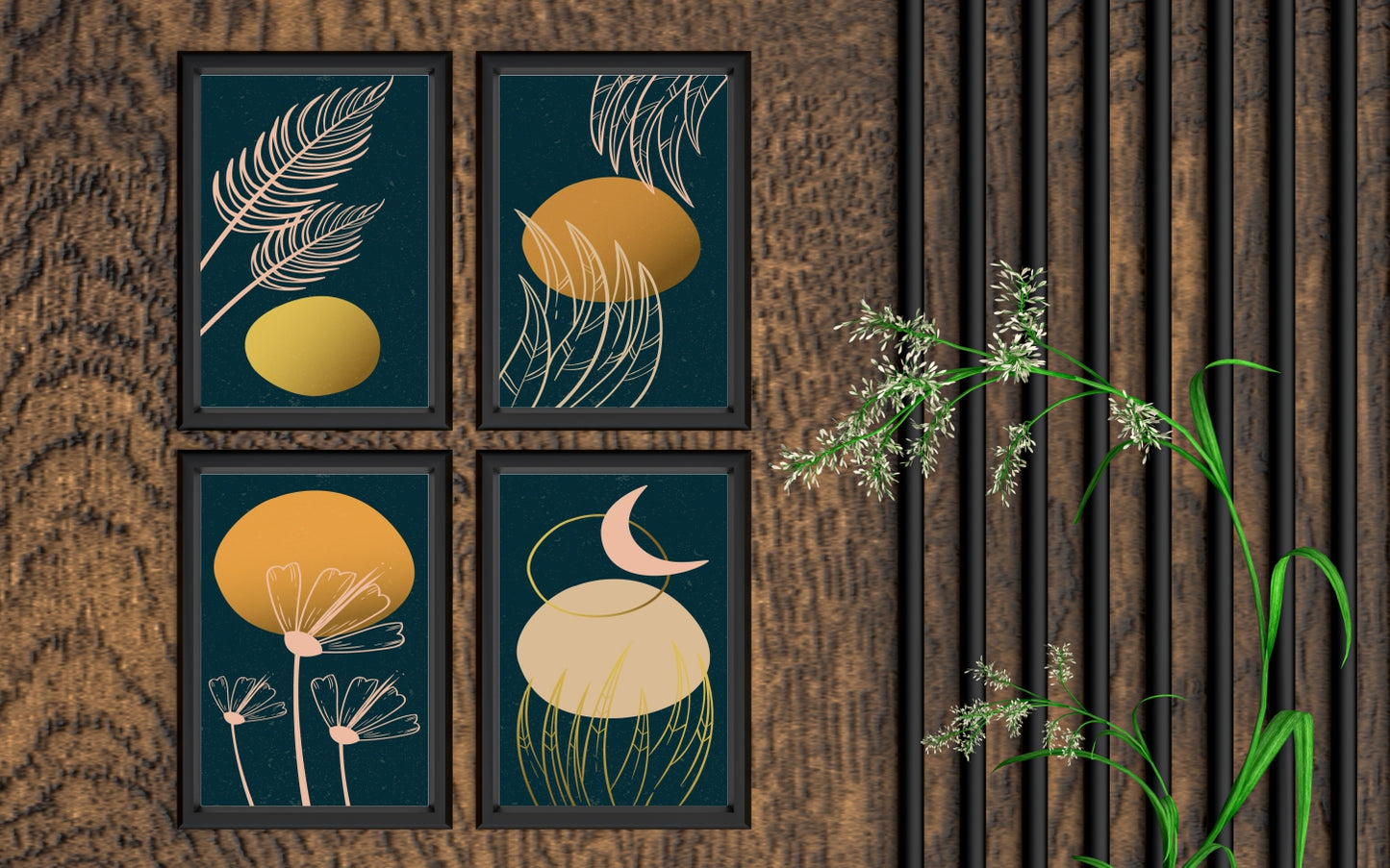 Golden Moonlight Botanical Wall Frame Set β Midnight Serenity Glow πβ¨