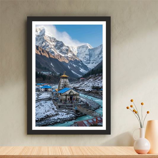 Kedarnath Temple Wall Art | Lord Shiva Himalayan Landscape Painting | Sacred Kedarnath Dham Religious Wall Decor | Premium HD Framed Artwork
