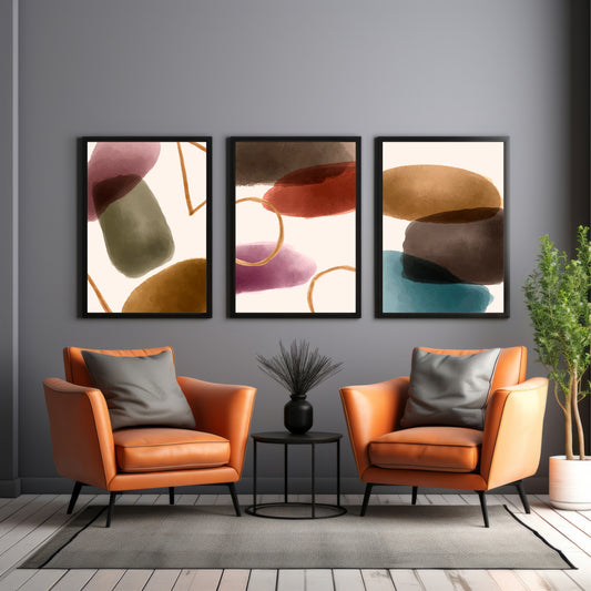 Abstract Watercolor Wall Art Set of 3 – Modern Minimalist Geometric Abstract Prints for Living Room Bedroom Decor