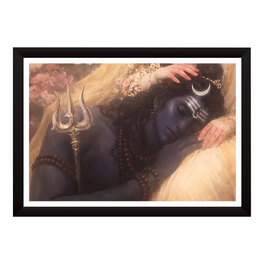 Lord Shiva & Goddess Parvati Divine Love Wall Art | Shiv Shakti Romantic Painting | Mahadev Hindu Religious Wall Decor | Premium HD Framed Artwork