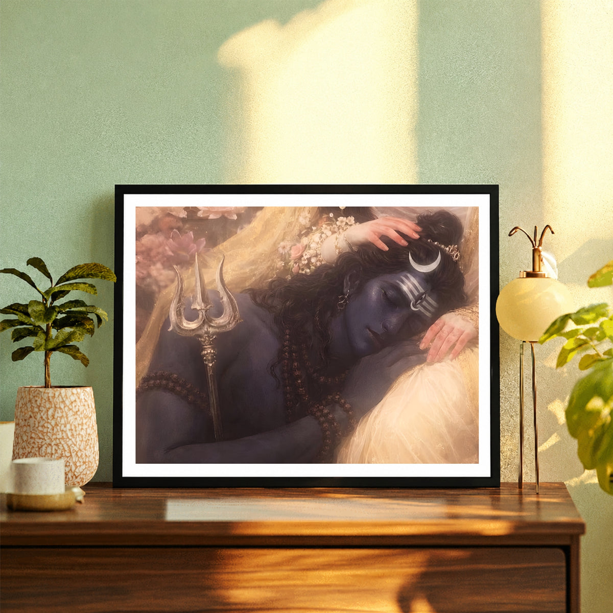 Lord Shiva & Goddess Parvati Divine Love Wall Art | Shiv Shakti Romantic Painting | Mahadev Hindu Religious Wall Decor | Premium HD Framed Artwork